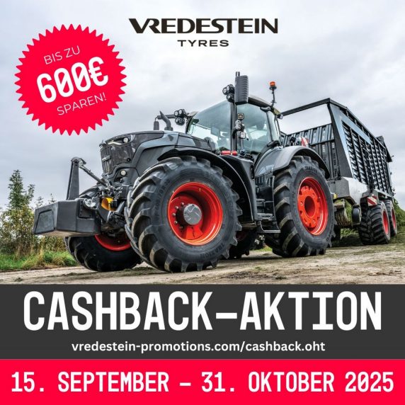 A 3/4 angle photo of a tractor fitted with Traxion Optimall